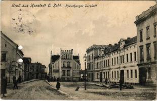 1914 Wolczyn, Konstadt; Kreuzburger Vorstadt / street view, shops (punched holes)