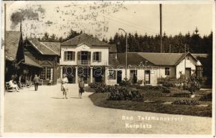 1929 Tarcsafürdő, Bad Tatzmannsdorf; Kurplatz, Anna Bad, Tabak Trafik / Gyógypark, Anna fürdő, dohány üzlet / spa park, tobacco shop (EK)