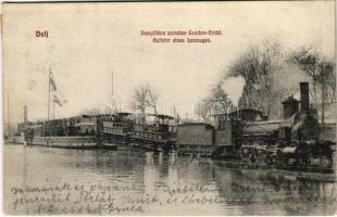 1907 Dálya, Dalja, Dalj (Erdőd, Erdut); Gőzkomp Gombos és Erdőd között a szabad Dunán / Dampffähre zwischen Gombos-Erdőd auf der Donau, die Auffahrt eines Lastzuges / steam ferry with freight train between Bogojevo and Erdut on the Danube, locomotive + "ESZÉK-SZEGED 162. SZ." vasúti mozgóposta (EK)