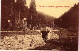 1912 Tiszolc, Tisovec; Fogaskerekű vasúti híd, &quot;Fogasrúd kezdet&quot; tábla. Kreisler József kiadása / cogwheel railway bridge + &quot;TISZOLC-FELED 104. SZ.&quot; vasúti mozgóposta + &quot;RIMABÁNYA P.U.&quot;