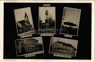 1942 Somorja, Samorín; Római katolikus és református templomok, Szentháromság szobor, Népbank, Járási hitelszövetkezet. Hajzok József fényképész mester kiadása / churches, Trinity statue, bank, credit union (EK)