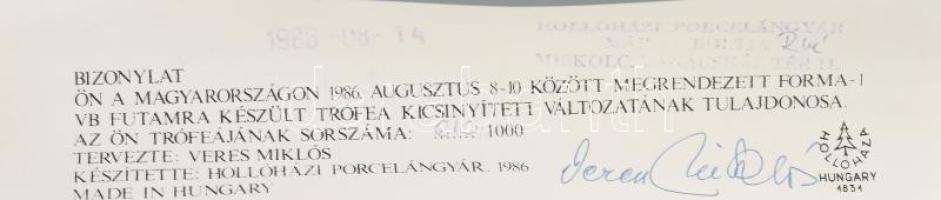 Forma 1 díj serleg 1986. Hollóházi porcelán. Kézzel festett, jelzett, hibátlan, sorszámozott 610/100...
