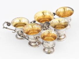 Ezüst(Ag) pohár, 6 db, jelzett, némelyik deformációval, m: kb. 3,5 cm, nem teljesen egyforma méretek, nettó: 91,6 g