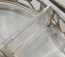 Szecessziós ezüstözött alpakka kínáló, 2 üveg betéttel, kis hajlással. jelzett, 32x16 cm