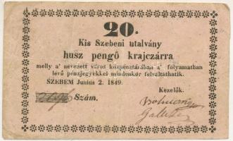 Kis-Szeben 1849. június 2. 20kr utalvány &quot;SZEBEM&quot; szöveghiba T:F Adamo KSZ-1.3.3