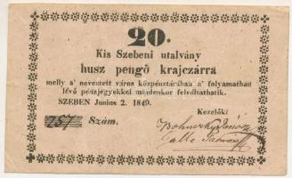 Kis-Szeben 1849. június 2. 20kr utalvány T:F  Adamo KSZ-1.3