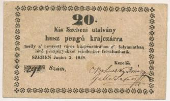 Kis-Szeben 1849. június 2. 20kr utalvány T:F,VG / Hungary / Kis-Szeben 2th June 1849. 20 Kreuzer coupon C:F,VG Adamo KSZ-1.3