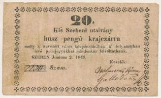 Kis-Szeben 1849. június 2. 20kr utalvány &quot;Juniuus&quot; szöveghibával T:F,VG Adamo KSZ-1.3.2