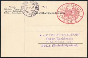 1917 Tábori posta levelezőlap &quot;K.U.K. KRIESGMARINE / S.M.U. 22&quot; , &quot;MFP / POLA&quot;