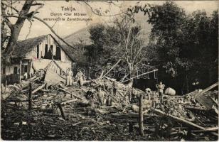 1917 Tekija (Kladovo), Durch 42er Mörser verursachte Zerstörungen / WWI K.u.K. military, house destroyed by a 42 cm mortar cannon (pinholes)