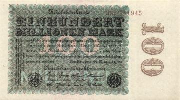Német Birodalom / Weimari Köztársaság 1923. 100.000.000M cégnyomat Kreuzblüten vízjellel, barna számokkal, hátoldali fázercsíkkal T:I