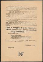 1944 augusztusa, Magyar Front II. világháborús röplapja, kétoldalas, kisebb szöveget nem érintőszaka...