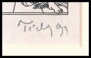 Tichy Gyula (1879-1920): Megcsalás, nyomat, paszpartuban, utólagos jelzéssel, 9×9 cm