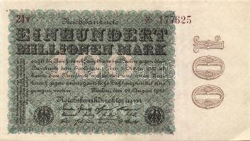 Német Birodalom / Weimari Köztársaság 1923. 100.000.000M (2x) cégnyomat "Kreuzblüten" vízj...