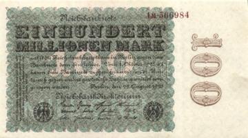 Német Birodalom / Weimari Köztársaság 1923. 100.000.000M (2x) cégnyomat Kreuzblüten vízjellel, hátoldali fázercsíkkal; barna, egymás utáni sorszámokkal T:I-