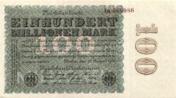 Német Birodalom / Weimari Köztársaság 1923. 100.000.000M (2x) cégnyomat Kreuzblüten vízjellel, hátoldali fázercsíkkal; barna, egymás utáni sorszámokkal T:I-