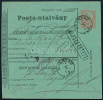 1875 5kr díjjegyes postautalvány, &quot;KÖRMEND / VAS M.&quot; - Pest