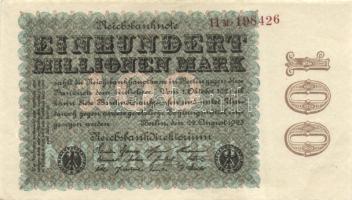 Német Birodalom / Weimari Köztársaság 1923. 100.000.000M cégnyomat "Kreuzblüten" vízjellel, barna számokkal T:I