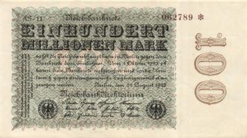 Német Birodalom / Weimari Köztársaság 1923. 100.000.000M (2x) cégnyomat "Hakensterne" vízjellel, barna sorszámmal, fekete cégjelzéssel T:I