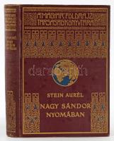 Stein Aurél (1862-1943): Nagy Sándor nyomában Indiába. Ford.: Halász Gyula. Magyar Földrajzi Társaság Könyvtára. Bp.,[1931], Franklin, 1 t. (címkép)+183 p.+32 (kétoldalas fekete-fehér képtáblák). Két egészoldalas térképpel. Kiadói dúsan aranyozott egészvászon sorozatkötésben, kopott borítóval, foxing foltos lapokkal.