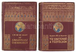 [Agostini, Alberto Maria de (1883-1960)] Alberto M. De Agostini: Tíz esztendő a Tűzföldön. Fordította: Cholnoky Béla. Magyar Földrajzi Társaság Könyvtára. Bp.,én., Lampel R. (Wodianer F. és Fiai), 209+2 p.+28 t. Kiadói dúsan aranyozott egészvászon sorozatkötés, kopott borítóval, foxing foltos lapokkal. + [Up de Graff, Fritz W. (1873-1927)]: F. W. Up de Graff: Az Amazonasz őserdeiben. Ford.: Halász Gyula. Magyar Földrajzi Társaság Könyvtára. Bp., [1933.], Lampel R. (Wodianer F. és Fiai), 1 t. (címkép)+164+4 p.+28 (fekete-fehér fotók) t. Egészoldalas, fekete-fehér fotókkal, és egy térképpel illusztrálva. Kiadói dúsan aranyozott egészvászon sorozatkötésben, kopott borítóval, foxin foltos lapokkal.