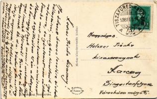 1938 Tiszafüred, Római katolikus templom és iskola, Hősök szobra, emlékmű + "TISZAFÜRED - KARCZ...