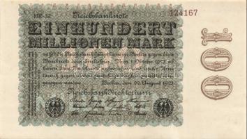 Német Birodalom / Weimari Köztársaság 1923. 100.000.000M (3x) cégnyomat Hakensterne vízjellel, barna sorszámmal, fekete cégjelzéssel T:I,I-