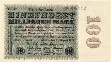 Német Birodalom / Weimari Köztársaság 1923. 100.000.000M (3x) cégnyomat "Hakensterne" vízj...