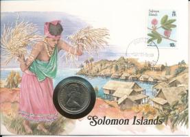 Salamon-szigetek 1977. 20c Cu-Ni "II. Erzsébet" felbélyegzett borítékban, bélyegzéssel, német nyelvű leírással T:UNC patina Solomon Islands 1977. 20 Cents Cu-Ni "Elizabeth II" in envelope with stamp and cancellation, with German description C:UNC patina