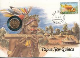 Pápua Új-Guinea 1987. 2t Cu-Zn felbélyegzett borítékban, bélyegzéssel, német nyelvű tájékoztatóval T:UNC  Papua New Guinea 1987. 2 Toea Cu-Zn in envelope with stamp, cancellation and a prospectus in german C:UNC