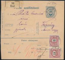 1892 5kr díjjegyes szállítólevél 2x15kr díjkiegészítéssel, &quot;ÉLESD&quot; - &quot;KÖPCSÉNY&quot;