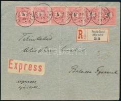 1896 Expressz ajánlott levél 6x5kr bérmentesítéssel, &quot;PUSZTA-TENYŐ P.U.&quot; - &quot;BALASSA-GYARMAT&quot;