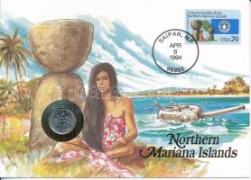 Amerikai Egyesült Államok / Észak Mariana-szigetek 1994P 1D Cu felbélyegzett borítékban, bélyegzéssel, német nyelvű leírással T:UNC USA / Northern Mariana Islands 1994P 1 Dime Cu in envelope with stamp, cancellation and a prospectus in german C:UNC