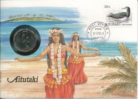 Cook-szigetek / Aitutaki 1992. 1$ Cu-Ni felbélyegzett borítékban, bélyegzéssel, német nyelvű tájékoztatóval T:UNC Cook Islands / Aitutaki 1992. 1 Dollar Cu-Ni in envelope with stamp, cancellation and a prospectus in german C:UNC