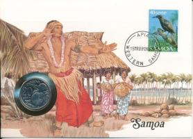 Szamoa 1988. 20s Cu-Ni felbélyegzett borítékban, bélyegzéssel, német nyelvű leírással T:UNC Samoa 1988. 20 Sene Cu-Ni in envelope with stamp, cancellation, and a description in german C:UNC