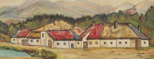 Jelzés nélkül: Tóparti házak. Olaj, vászon. Fakeretben. 52×70 cm