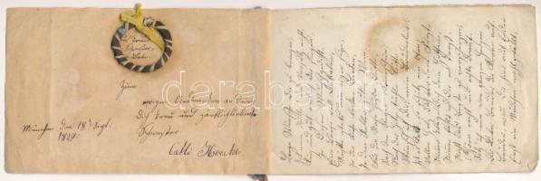 1829 Házi készítésű üdvözlőlap benne hajtincs, két litográfia. 3 lapból összeállítva