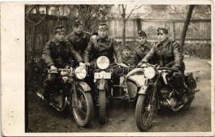 1938 Kassa, Kosice; bevonulás, magyar motorkerékpáros katonák / entry of the Hunagrian troops, soldiers on motorbikes. photo + &quot;1938 Kassa visszatért&quot; So. Stpl (fl)