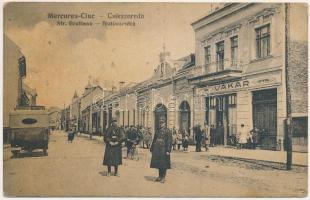 Csíkszereda, Miercurea Ciuc; Str. Bratianu / Bratianu utca, Vákár könyvnyomda, Hotel Transsylvania szálloda, üzletek. Adler Alfred kiadása / street view, publishing house, hotel, shops (fl)