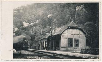 Rév, Vad, Vadu Crisului; Zichy-barlang szálloda és étterem, vasútállomás, gőzmozdony, vonat / Hotel si Restaurant Pestera Mateescu, Halta Pestera / railway station, locomotive, train (EK)