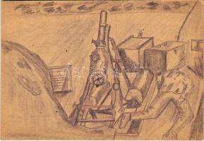 Zsákmányolt orosz torpedóvető. Első világháborús osztrák-magyar tábori postai levelezőlap, saját kézzel rajzolt / WWI K.u.k. Austro-Hungarian military hand-drawn field post, captured Russian mortar s: R. Dovala Pál
