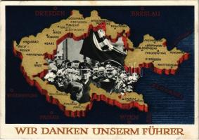 1938 Wir danken unserm Führer / NSDAP German Nazi Party propaganda, Adolf Hitler, Konrad Henlein, map of the Czech Republic, swastika. 6 Ga. + &quot;Wahl- und Bekenntnistag Karlsbad im befreiten Sudetenland 4. 12. 1938&quot; (fl)