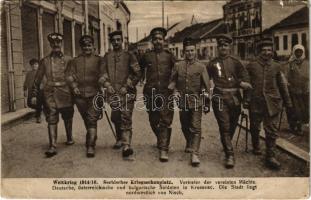 1916 Weltkrieg 1914/16. Serbischer Kriegsschauplatz, Deutsche, österreichischer und bulgarische Soldaten in Krusevac / Német, osztrák és bolgár katonák a szerb hadszíntéren / WWI military, Germand, Austrian and Bulgarian soldiers in Serbia (ázott / wet damage)