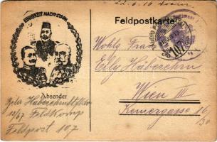 1916 Einigkeit macht Stark. Feldpostkarte / Első világháborús osztrák-magyar katonai propaganda: II. Vilmos, Ferenc József, V. Mehmed / WWI K.u.k. military propaganda: Wilhelm II, Franz Joseph, Mehmed V (EK)