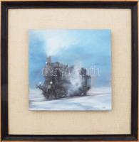 Kovács-Gombos Gábor (1955-): 124 (Mozdony), Olaj, farost, jelzett, hátoldalán autográf felirattal. 2...