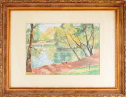 Udvary Pál (1900-1987): Miskolctapolca. Akvarell, papír, jelzett, üvegezett fakeretben, 30x42 cm