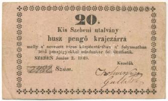 Kis-Szeben 1849. június 2. 20kr utalvány, keretváltozat T:F Adamo KSZ-1.3.1