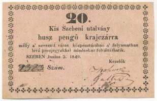 Kis-Szeben 1849. június 2. 20kr utalvány, keretváltozat T:F tűlyuk Adamo KSZ-1.3.1