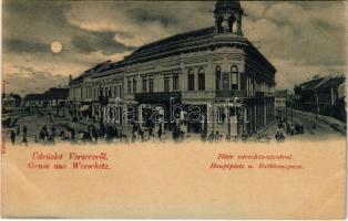 1900 Versec, Werschetz, Vrsac; Fő tér, Városház utca, este, Fonciere biztosító, takarékpénztár, Joh. Dimitrijevits üzlete / main square, street, insurance company, savings bank, shop