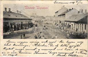 1899 (Vorläufer) Ungvár, Uzshorod, Uzhorod; Fő utca, vendéglő, Hubschman Lipót üzlete, piac. Szenczer Henrik kiadása / main street, restaurant, shops, market